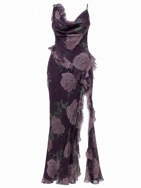 【新品DRESS 978】ショルダーリボンダークローズタイトロングドレス パープル【asos】